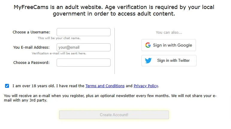 Webcam Site Asserting the Need for Age Verification to Create an Account